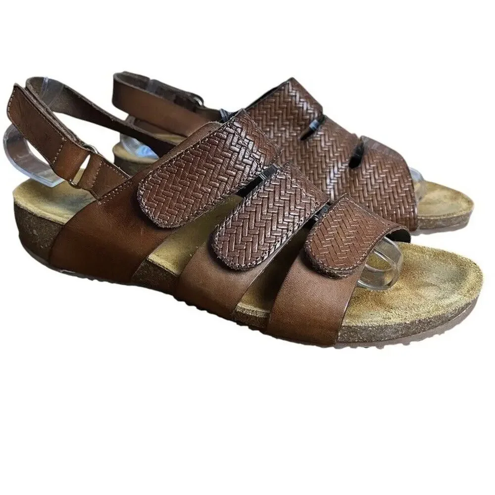 OTBT Pricilla Wedge Sandals Rich Brown Leather Slingback Shoes Strappy sz 9